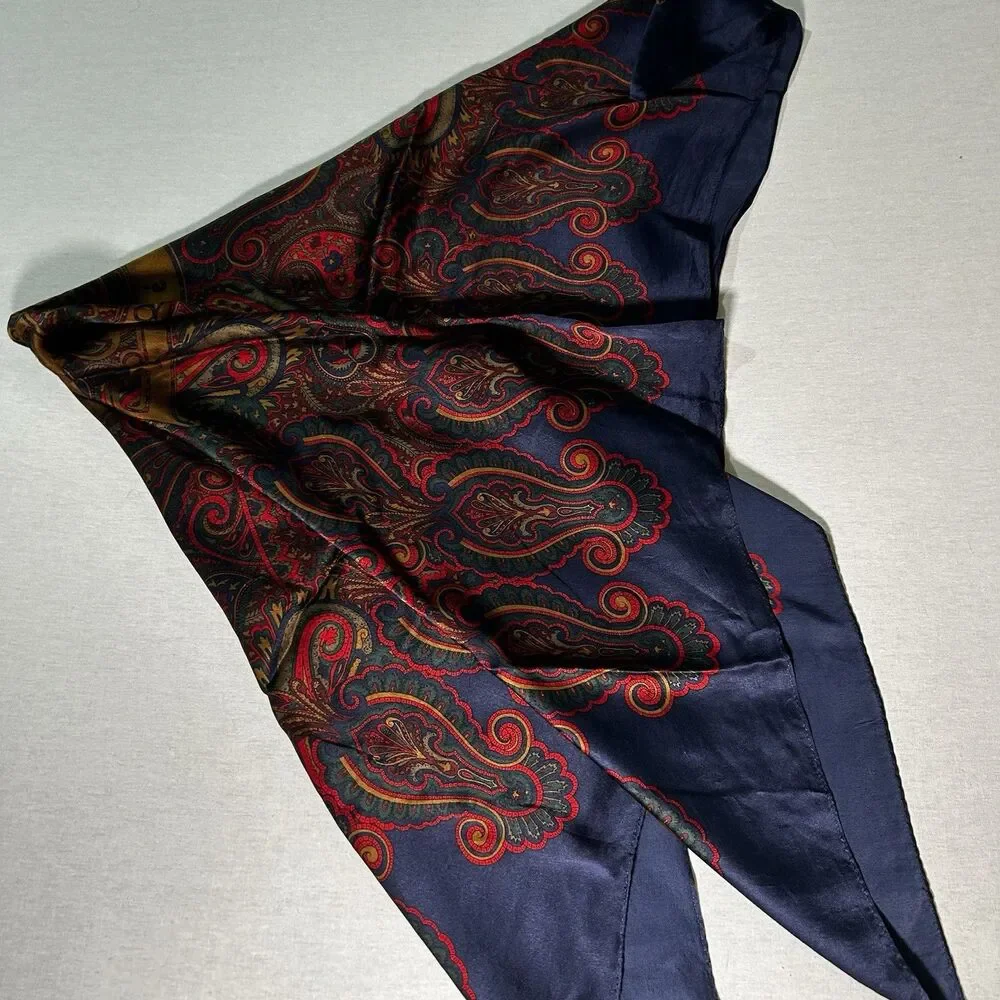 VTG Express silk scarf featuring a red and blue paisley pattern